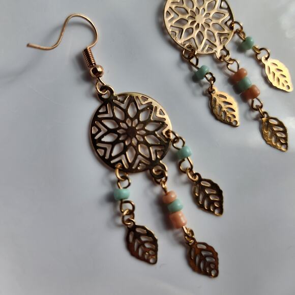 Golden Dreamcatcher Boho Earrings - Picture 2 of 6